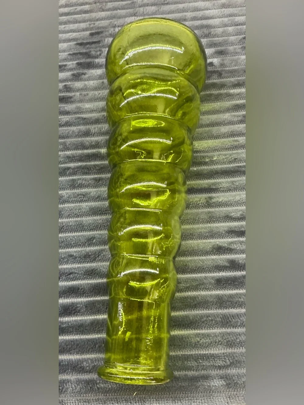 French Vintage MCM Olive Green Ribbed Glass Beehive Vase Retro Reims Art Glass